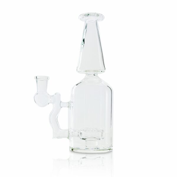 A clear glass pipe sitting on top of a table.