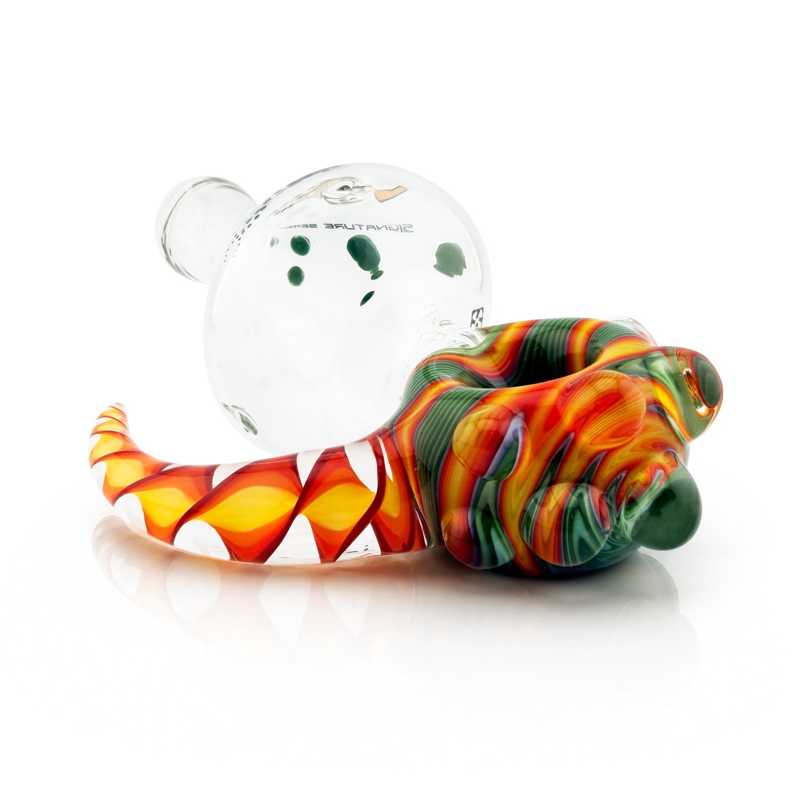 Fully Worked Helix Builder piece with an orange, yellow and green worked head, one large horn and green dots