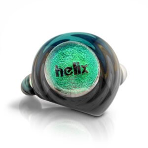 Helix logo dichroic marble in aqua and green, with the Helix logo etched in, set in a worked Helix head
