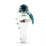 Fully Worked Helix Builder piece with a teal and black worked head and one large horn, standing upright