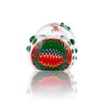 Front view of a Zencalmo Helix encalmo patch in red, green and yellow with green dots