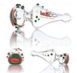 Zencalmo Helix Builder piece with a red, green and yellow encalmo patch and green dots, shown from three angles