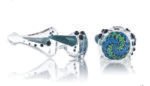 Zencalmo Helix Builder piece with a blue and green encalmo patch and black dots, side and front views