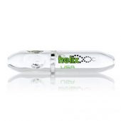 A clear plastic pen with green lettering and a clock.